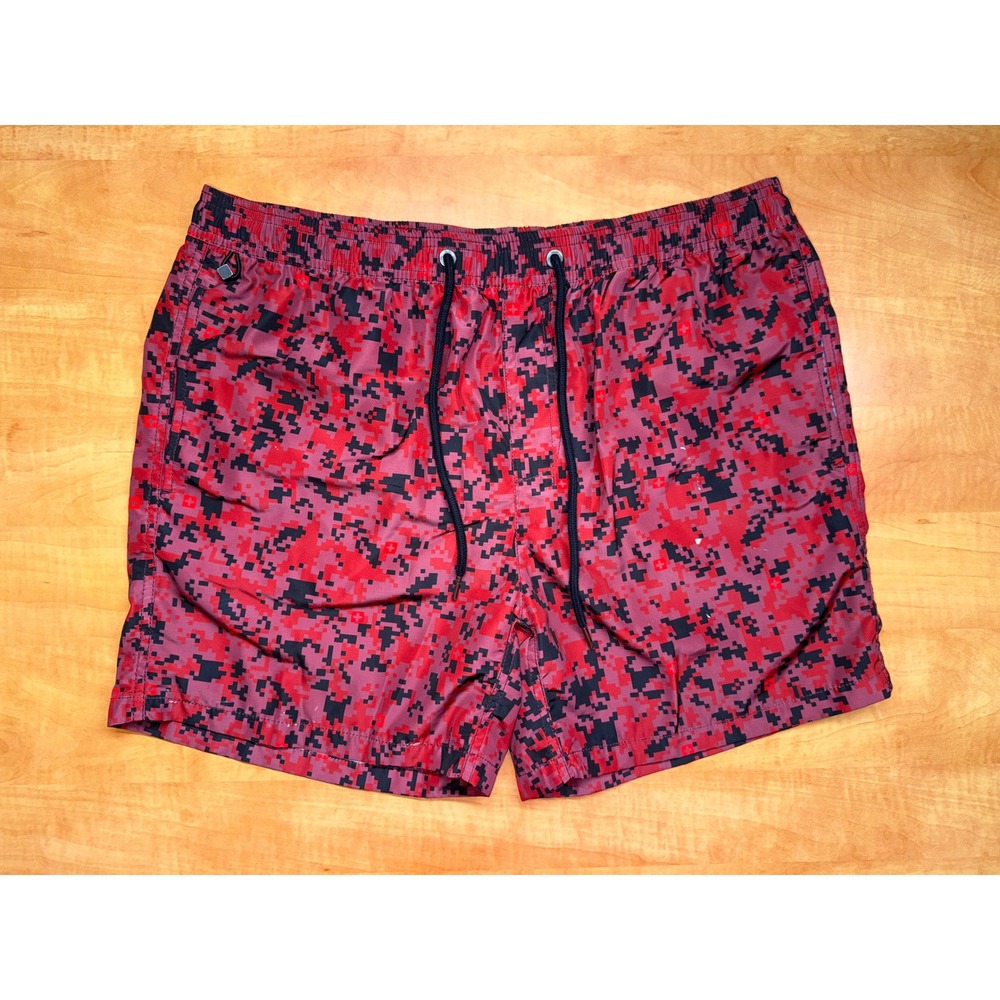 Ksubi Mens Digital Camo Swim Trunks Red Black Pixelated Board Shorts Size L